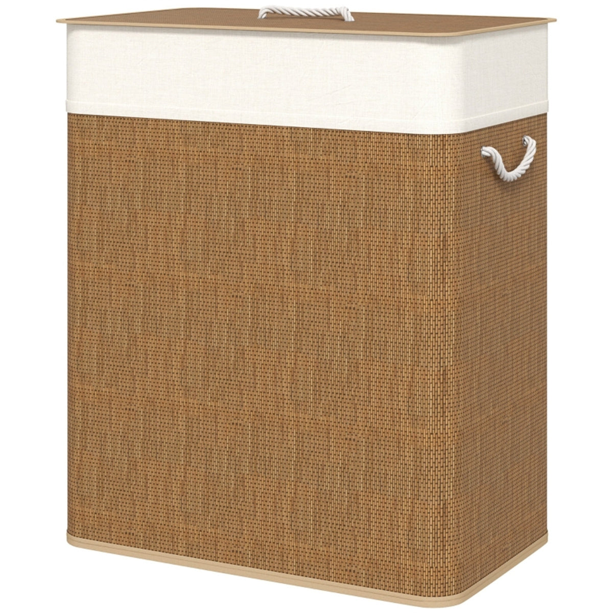 Double Laundry Basket With Lid, 26.4 Gallon Bamboo Laundry Hamper With Rope Handles And Removable Liner, Brown