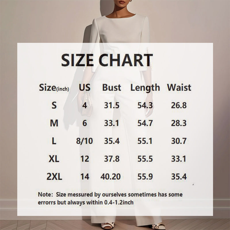 Women's Elegant Round Neck Jumpsuit - Mid-Sleeve With Side Slit Cuffs & Pearl Accents, Back Zipper Design For Casual To Formal Events