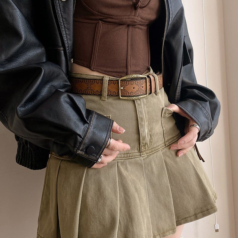 White Embossed Brass Buckle Wide Casual Short Skirt Belt