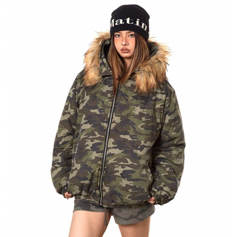 American Retro Heavy Big Fur Collar Hooded Camouflage Cotton Jacket