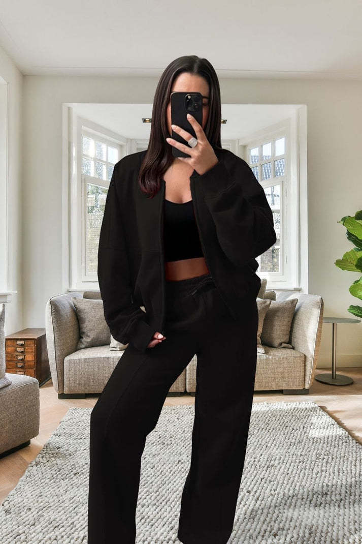 Bomber New Style Oversized Fleece Zipper And Wide Leg Tracksuit