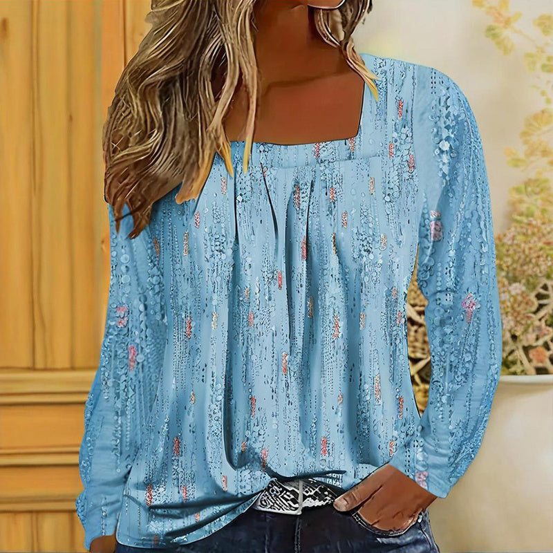 Plus Size Women's Floral Sequin Square Neck Long Sleeve T-Shirt - Printed Casual Spring&Summer Top
