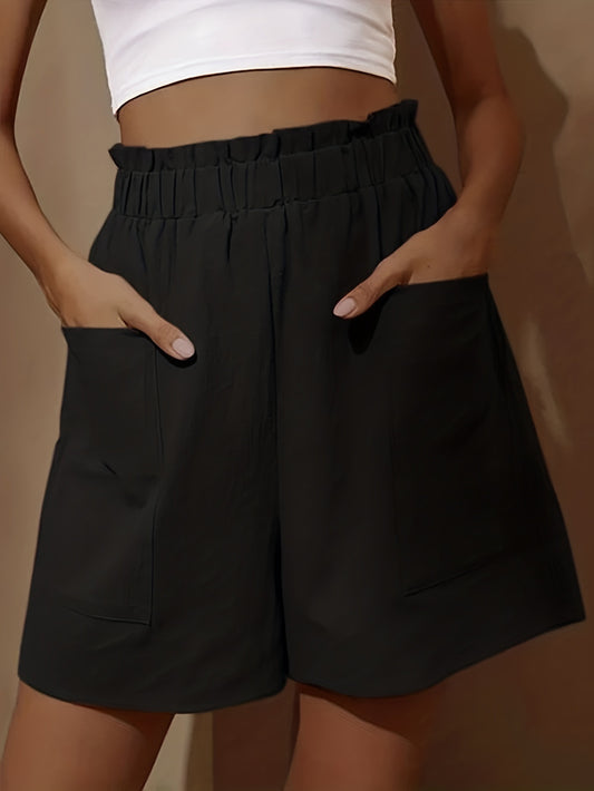 Plus Size Women's Loose Wide Leg Cotton Material Pocket Solid Elastic High Waist Shorts