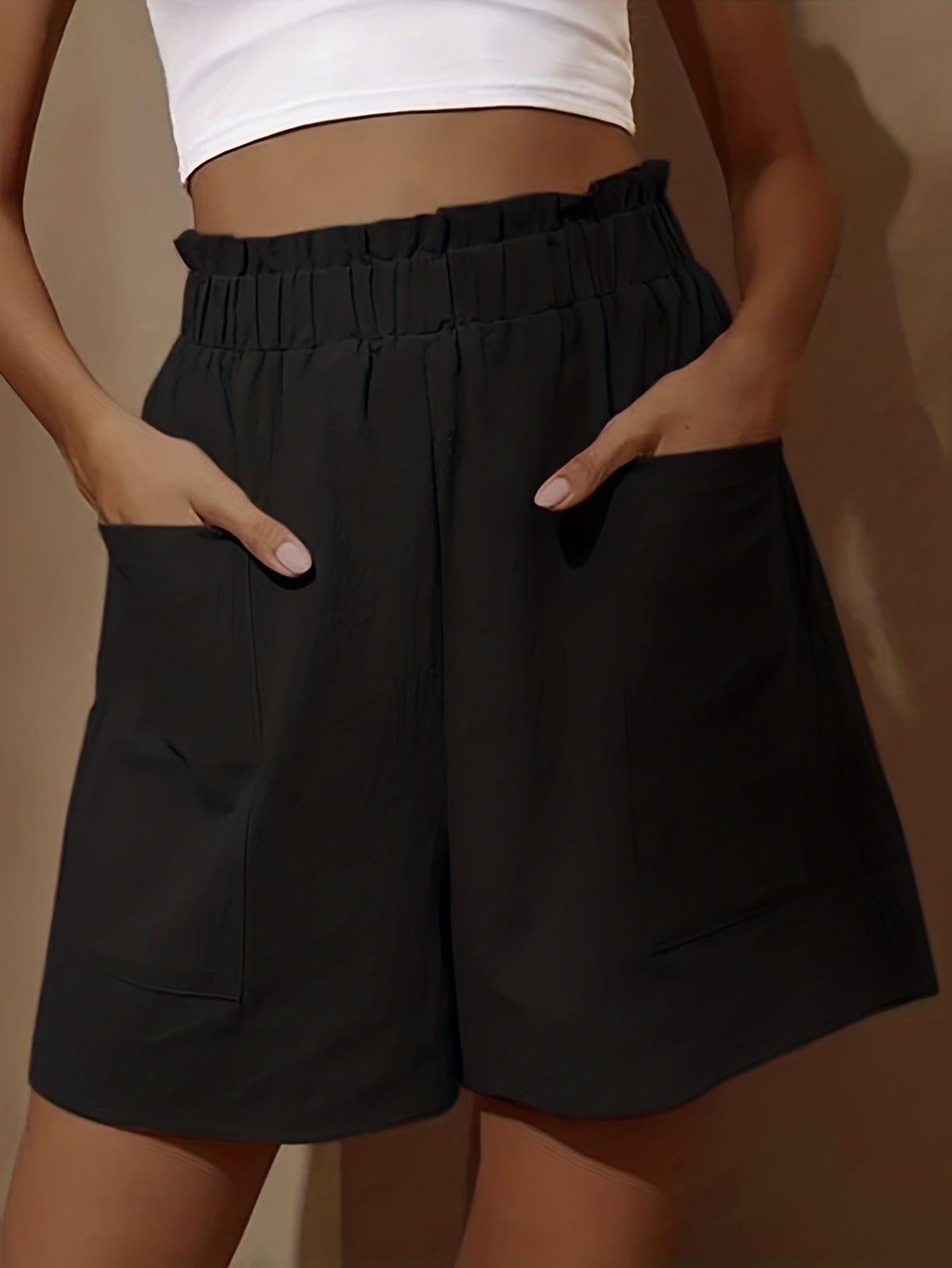 Plus Size Women's Loose Wide Leg Cotton Material Pocket Solid Elastic High Waist Shorts