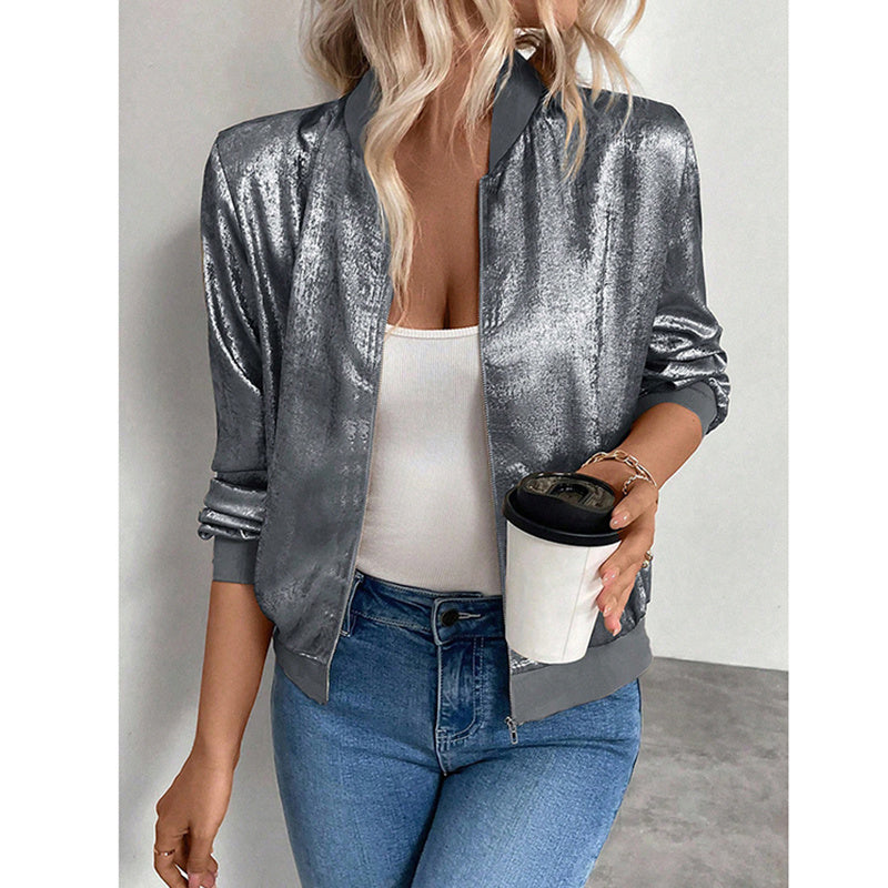 Women's Leopard Print Zip Up Lightweight Bomber Jacket Casual Long Sleeve Outerwear