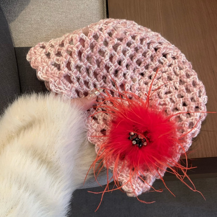 French Retro Black Feather Hand-woven Knitted Hat