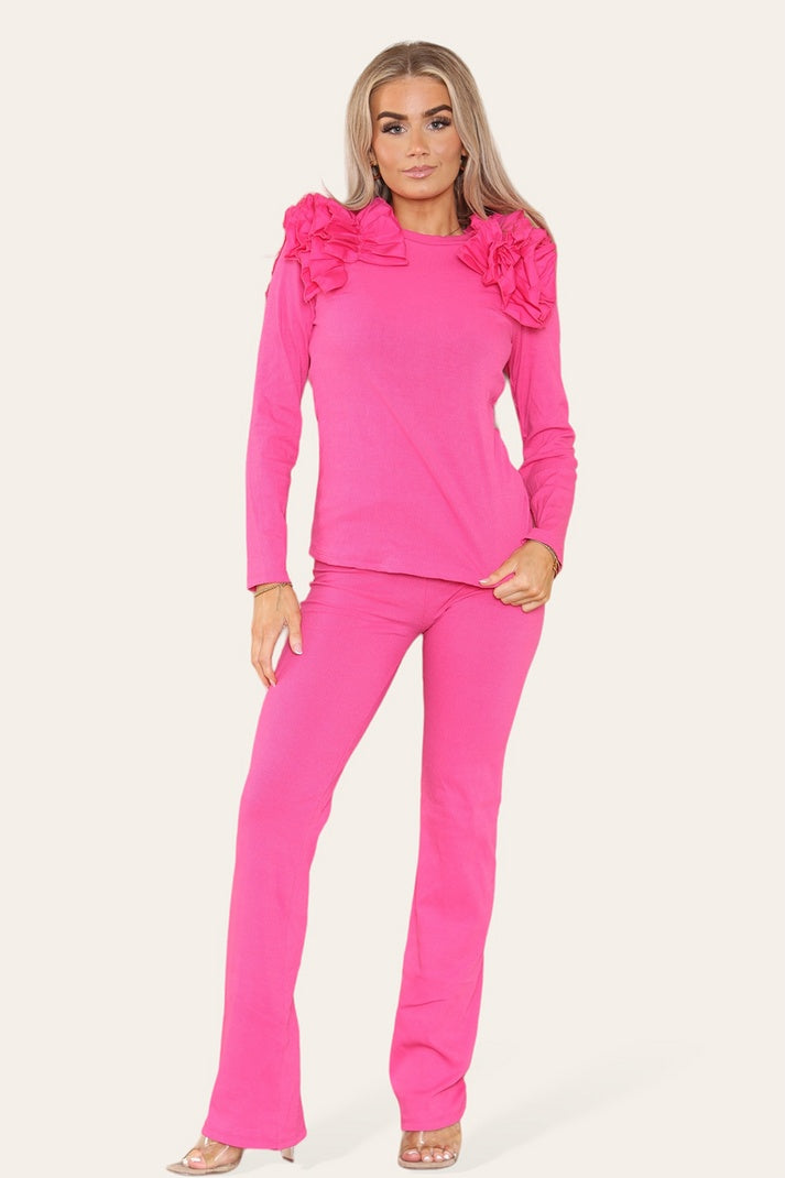 Ruffle Frill Shoulder Ribbed Loungewear Co-Ord Top & Trouser Set