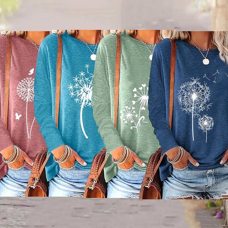 4 Packs Women's Long Sleeve Shirts Dandelion Graphic Print Tees Casual Round Neck T Shirts