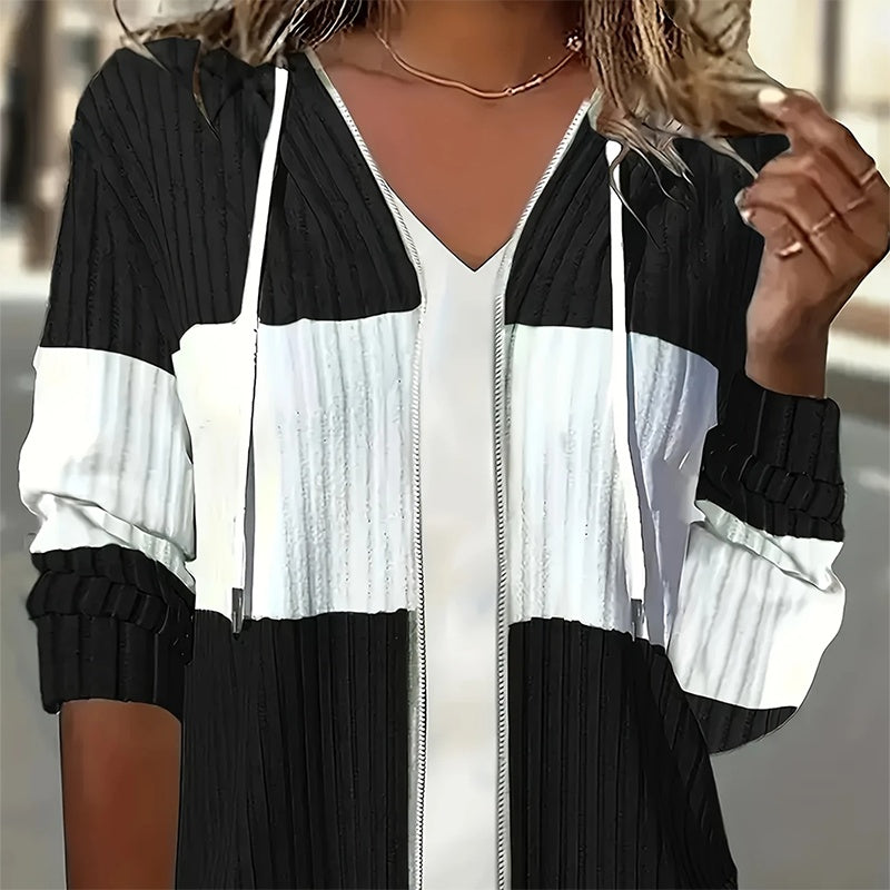 Women's Long Sleeve Color Block Zip-Up Hooded Hoodie Jacket Drawstring Ribbed For Spring & Fall Casual