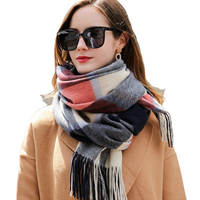 Female Fringed Plaid Wool Scarf British Style Wool Shawl