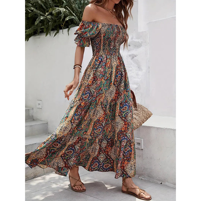 Women's Off The Shoulder Dresses Boho Flowy Smocked Maxi Sundress Beach Vacation Summer Dress