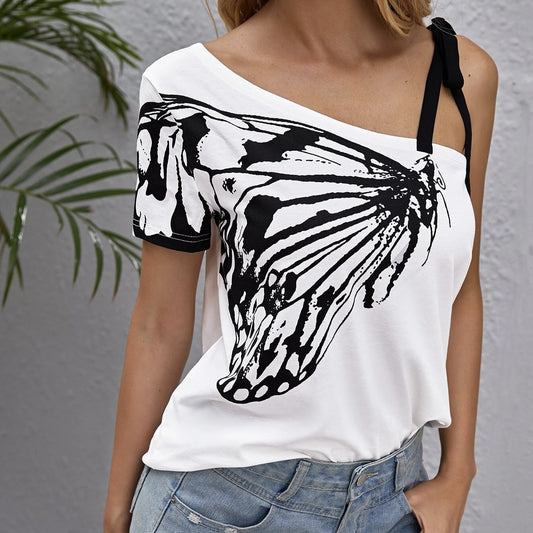 Ladies' Printed Fashion Oblique Shoulder Butterfly Printed Irregular Off Shoulder T-shirt