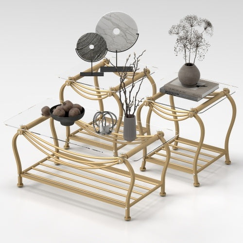 Tempered Glass Surface 3-piece Set Tea Table Decoration Rectangular Tea Table
