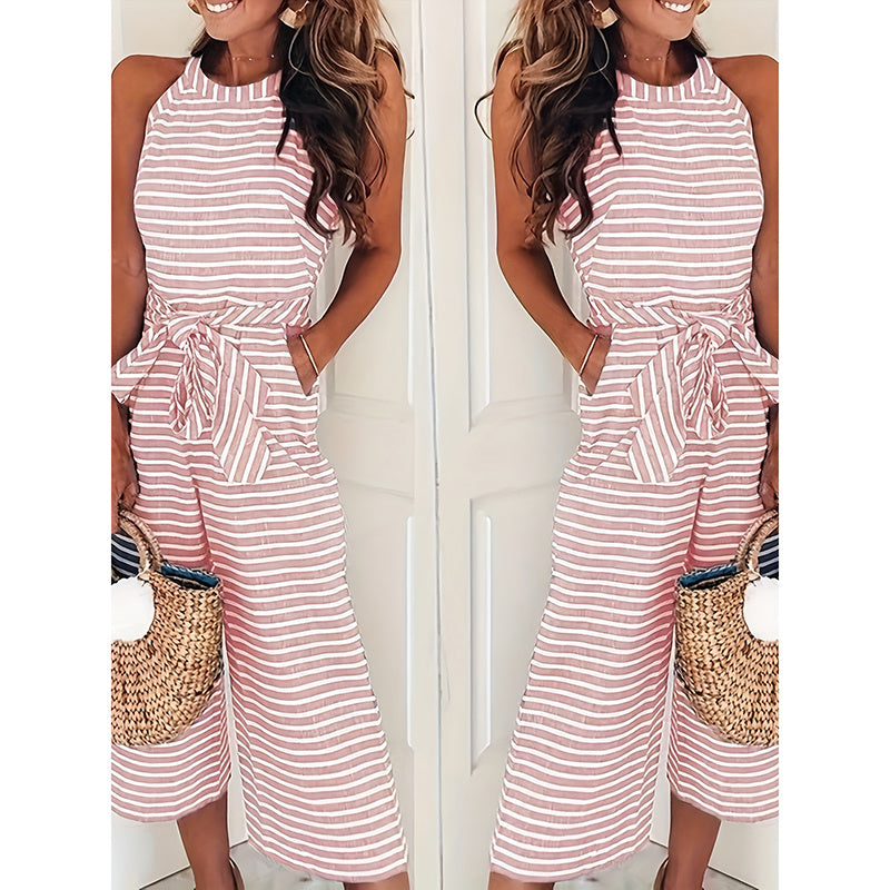 Womens Casual Striped Jumpsuits Summer Cap Sleeve Wide Leg Jumper Romper Button Down Travel Beach Outfits