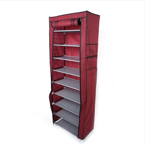 10 Layers 9 Grids Non-woven Fabric Shoe Cabinet Wine Red Color
