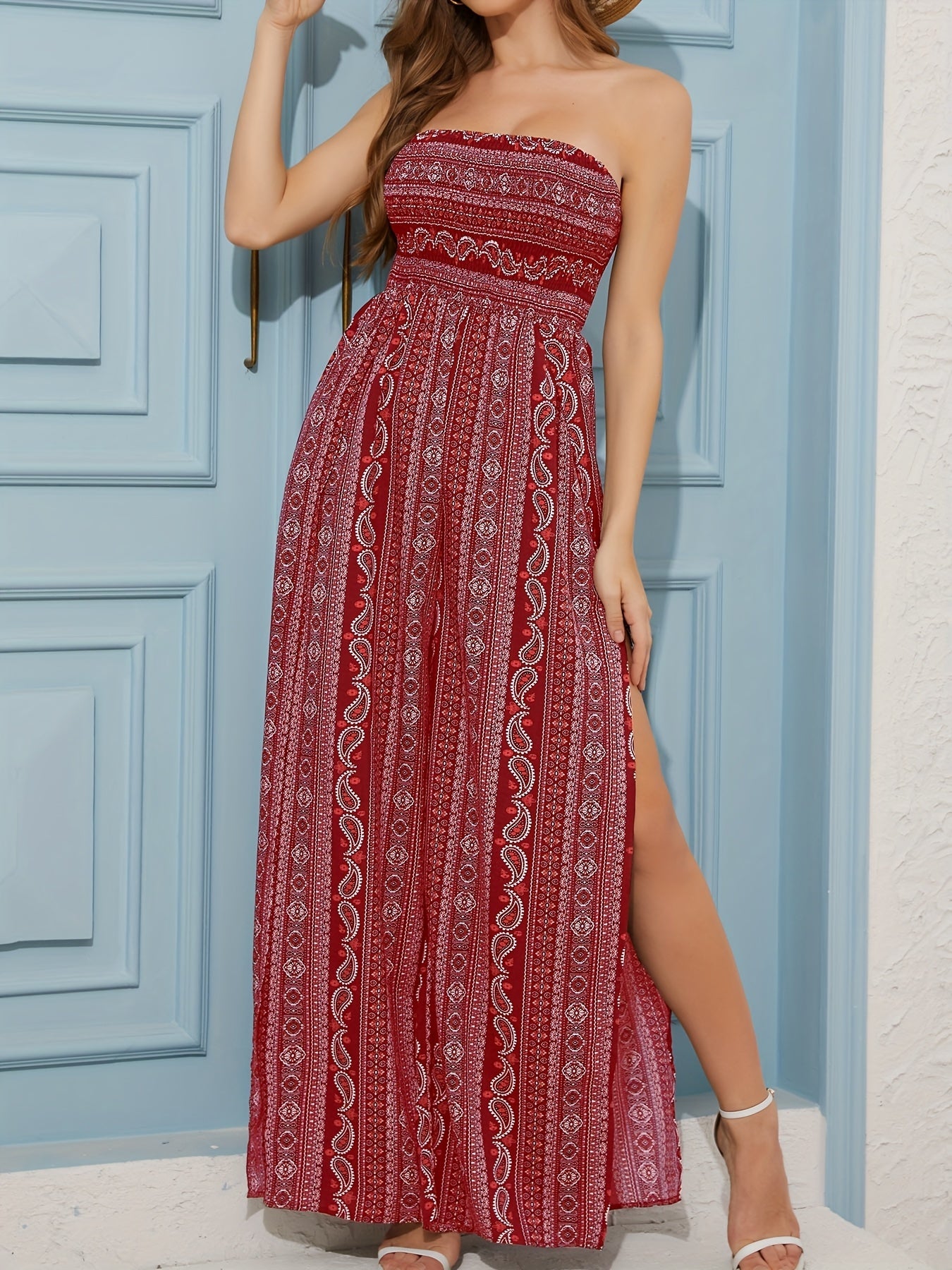 Women's Sexy Strapless Party Slit Jumpsuit - Elegant Printed Maxi Jumpsuit For Summer Date & Vacation