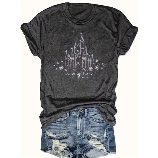 Women's Castle & Floral Print Round Neck Tee - Whimsical Summer Top