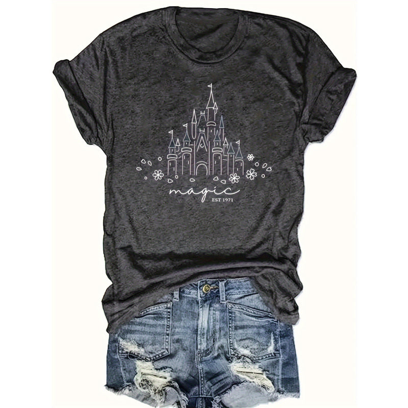 Women's Castle & Floral Print Round Neck Tee - Whimsical Summer Top
