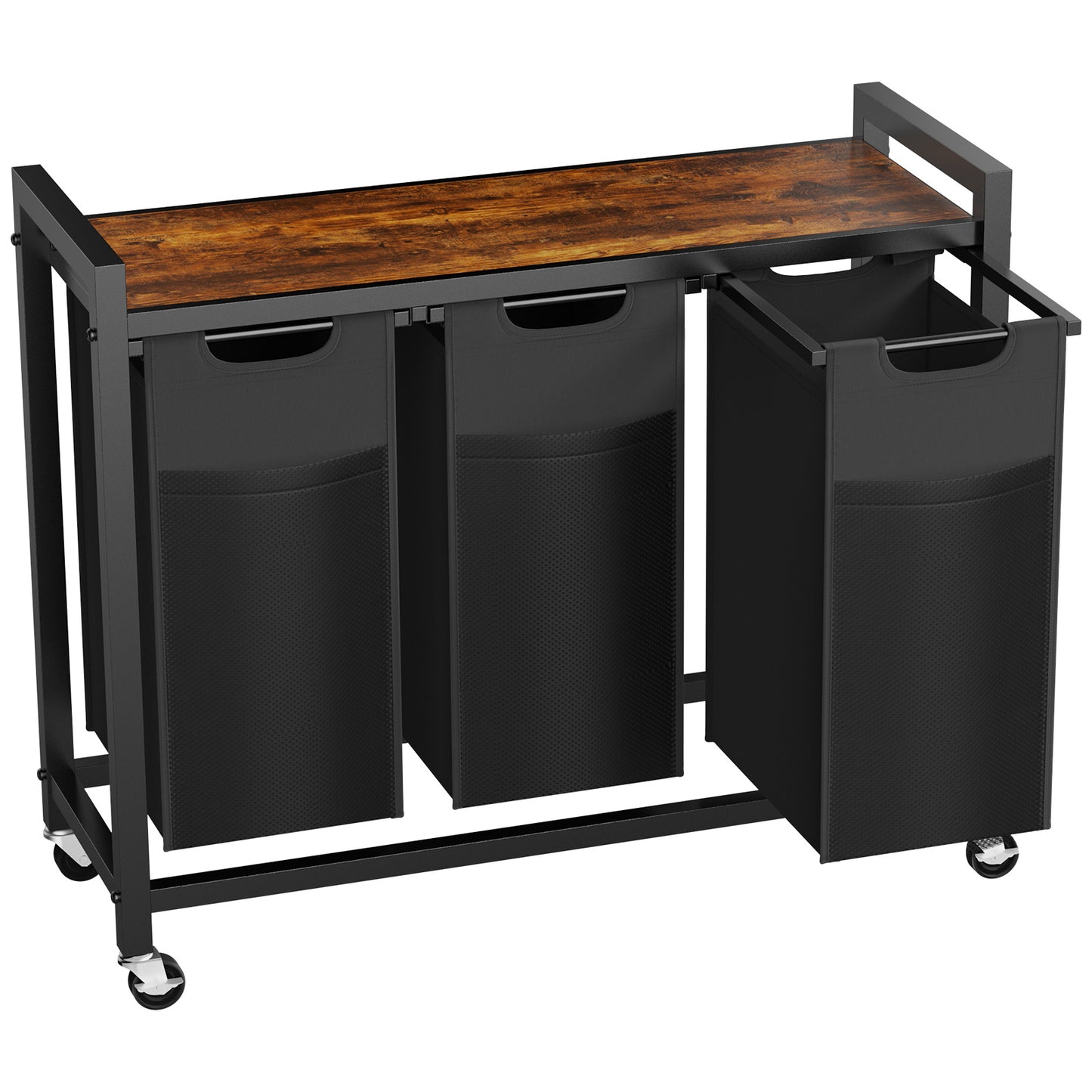 Laundry Hamper With 3 Pull-Out Removable Laundry Bags Clothing Sorter With Shelf And Wheels Adjustable Feet, 3 X 8.6 Gallons