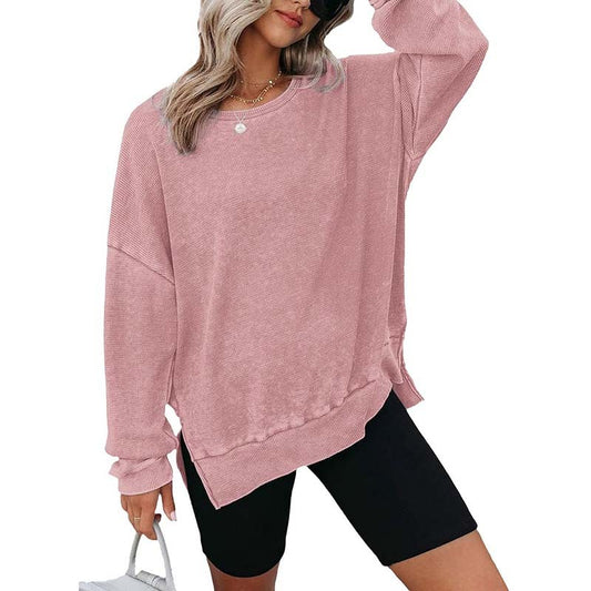 Womens Waffle Knit Crewneck Sweatshirts Long Sleeve Side Slits Casual Pullover Sweatshirt Tops