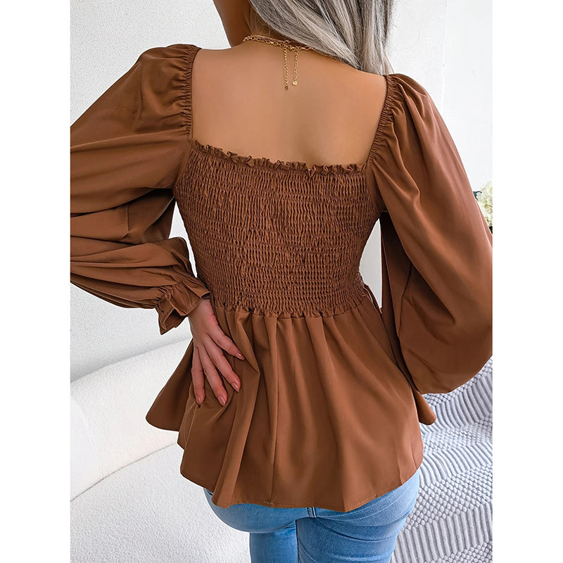 Women's Peplum Tops Square Neck Ruffle Trim Long Sleeve Blouse Smocked Top Dressy Casual Shirts