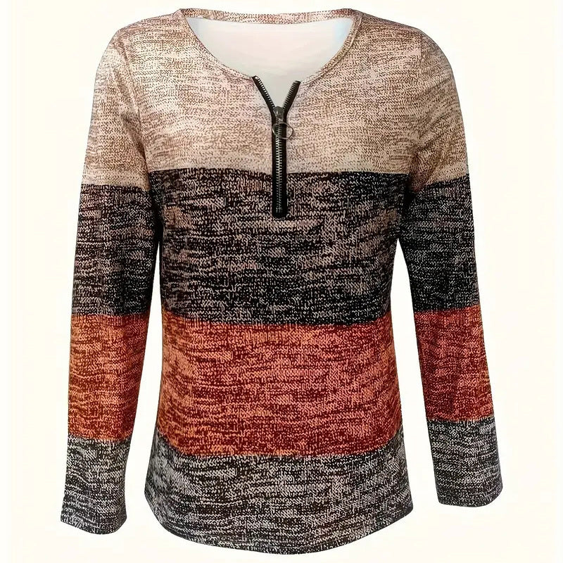 Women's Geometric Color Block V-Neck Zip Detail Long Sleeve T-Shirt - Spring&Fall Casual Slim Fit Top