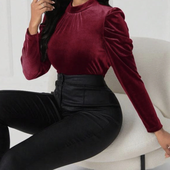 Women's Solid Color Round Neck Bubble Sleeve Slim Fit T-shirt