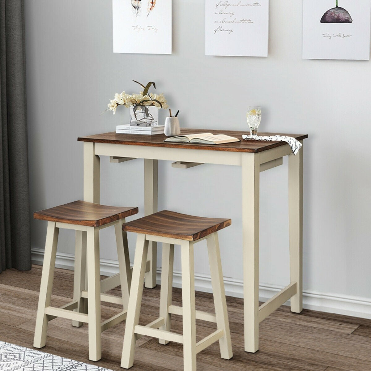 Counter Height Pub Table With 2 Saddle Bar Stools