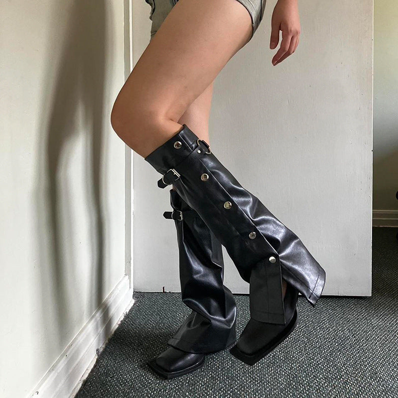 Dark Punk Metal Buckle Black Leather Leg Warmer