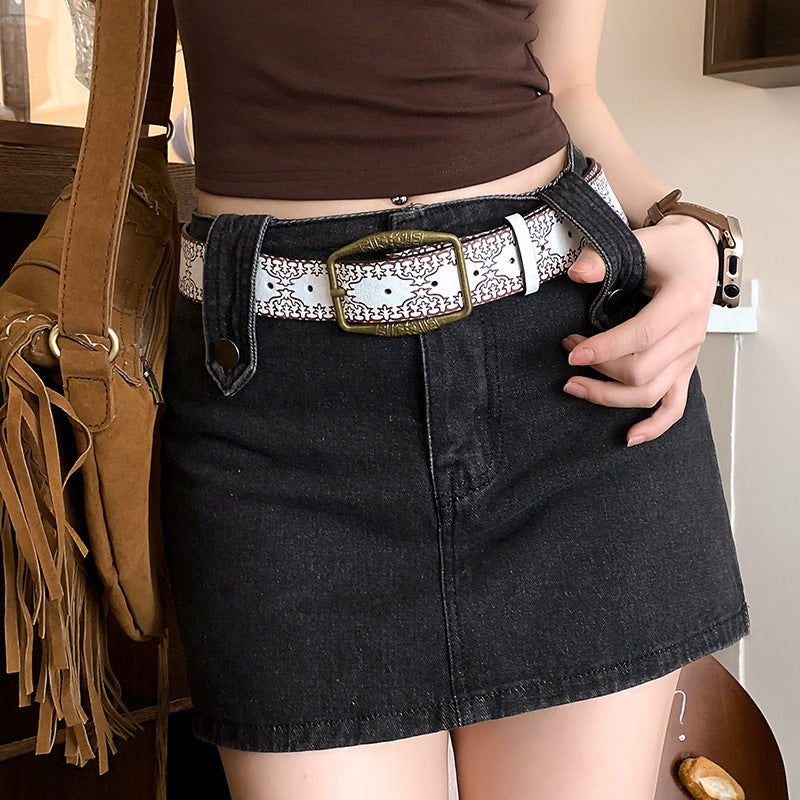 White Embossed Brass Buckle Wide Casual Short Skirt Belt