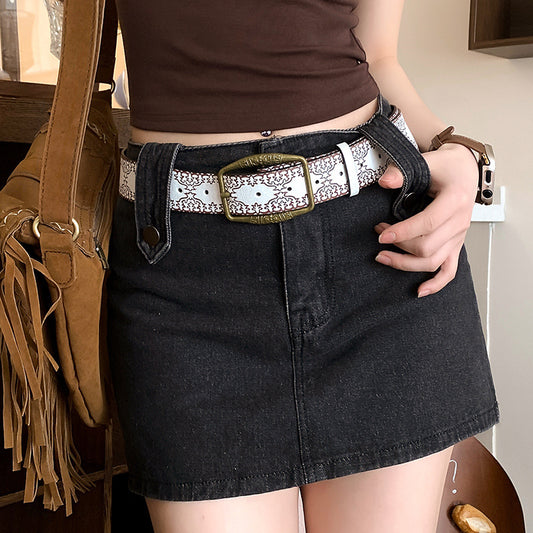 White Embossed Brass Buckle Wide Casual Short Skirt Belt