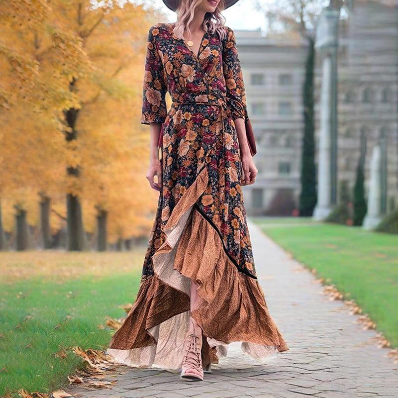 Women's Elegant V-Neck Floral Dress - Cross Front Detail & Tiered Ruffle Hem Flowing Bohemian-style Dress