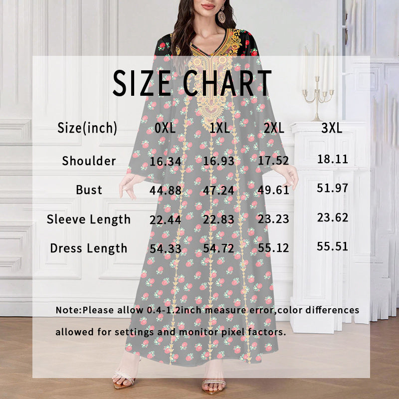 Women's Plus Size Ethnic Maxi Dress - Bohemian Embroidered Floral Print V-Neck Retro Long Dress