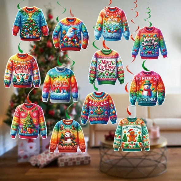 12 Pcs Merry Christmas Sweater Swirl Pendants Hanging Xmas Tree Snowman Paper Sweater Ornaments Santa Claus Gingerbread Man Pattern Spiral Ceiling Pendant For Xmas Birthday Party Decor Supplies