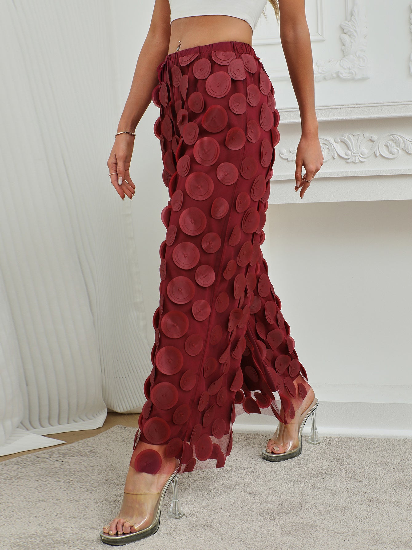 Fashionable Temperament Round Piece Design Tassel Hollowing High Waist Straight Ladies Pants