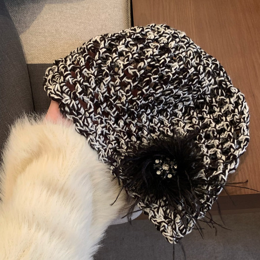 French Retro Black Feather Hand-woven Knitted Hat