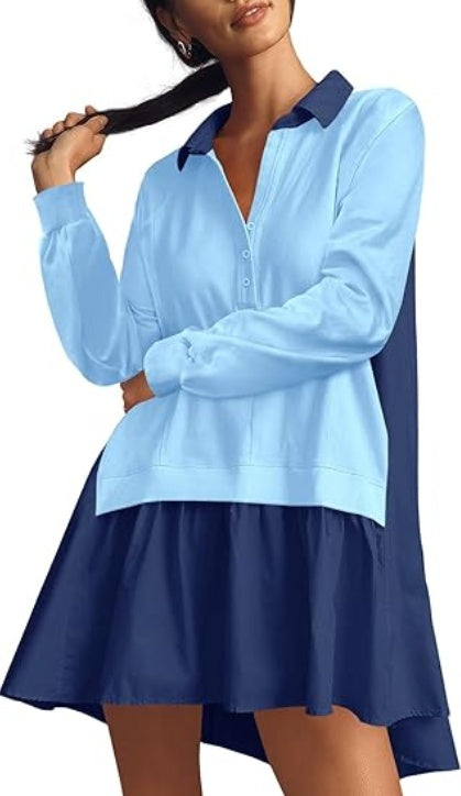 Fisoew Womens Oversized Sweatshirt Dress Long Sleeve V Neck Patchwork Casual Pullover Tops Loose Fit Mini Dresses