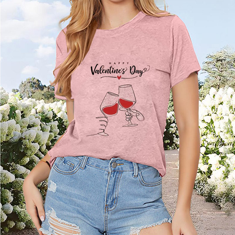 Women's Round Neck Short Sleeve T-Shirt With Wine Glass Cheers Print Casual Summer Top