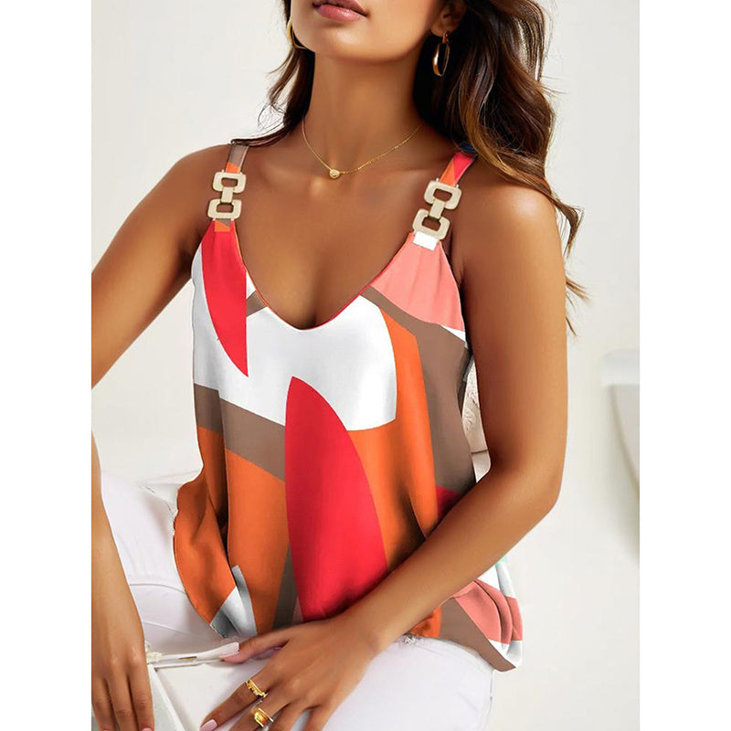 Summer Tank Tops For Women V Neck Chain Straps Sleeveless Top Loose Fit Casual Stripe Shirts Blouse