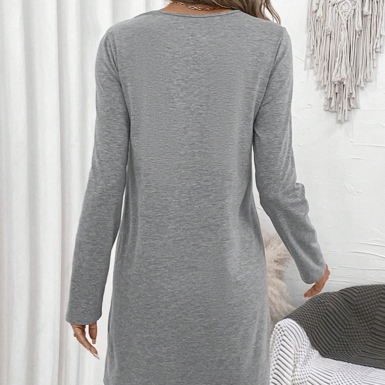 Ladies' Spring And AutumnSummer Long Sleeved Lace Splicing Hollow V-neck Elegant Casual Style Dress