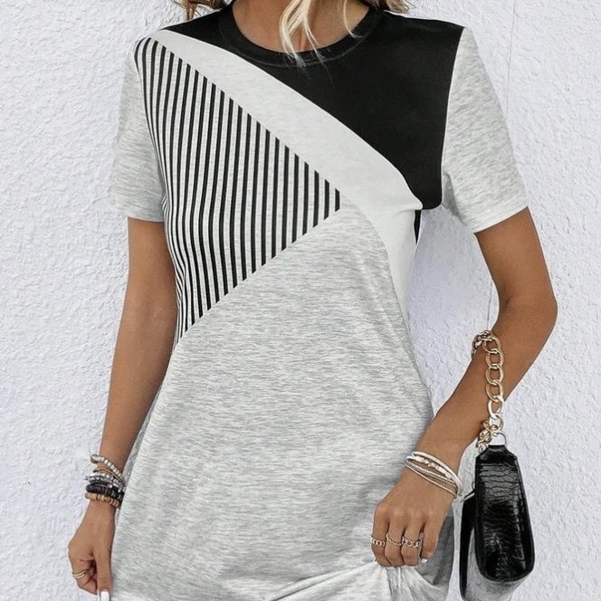 Ladies' Color Block Splicing Geometric Pattern Striped Casual Dress