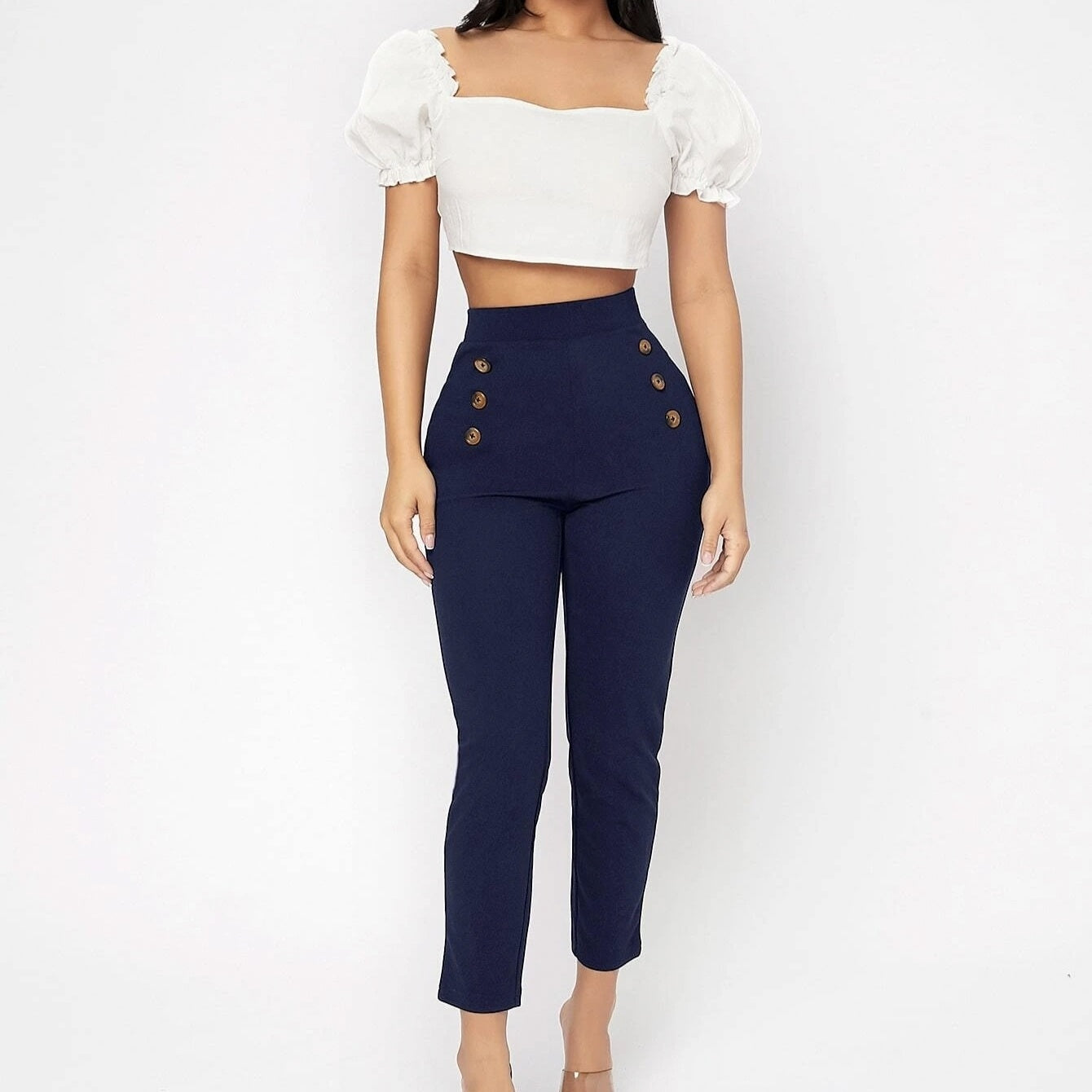 Ladies' Fashionable Retro Slim Fit Double Row Decoration Fake Button High Waisted Pants, Simple Solid Color Small Pant Legs