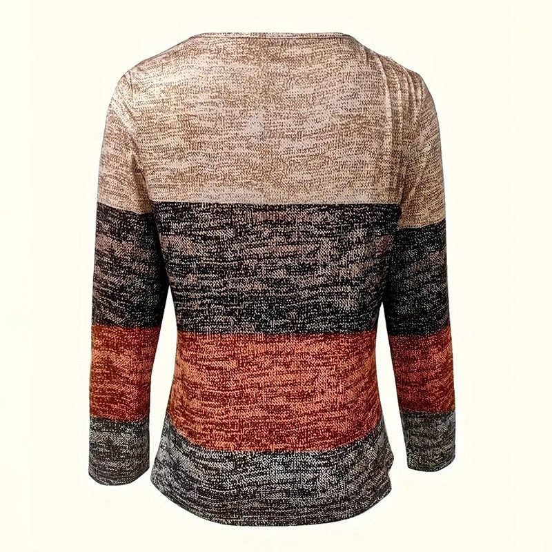Women's Geometric Color Block V-Neck Zip Detail Long Sleeve T-Shirt - Spring&Fall Casual Slim Fit Top