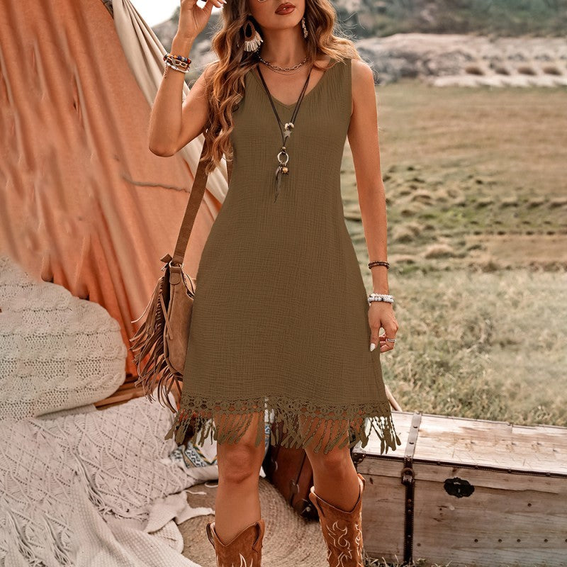 Women's Elegant Solid Color Boho Dress - V-Neck Fringe Detail Sleeveless Summer Dress