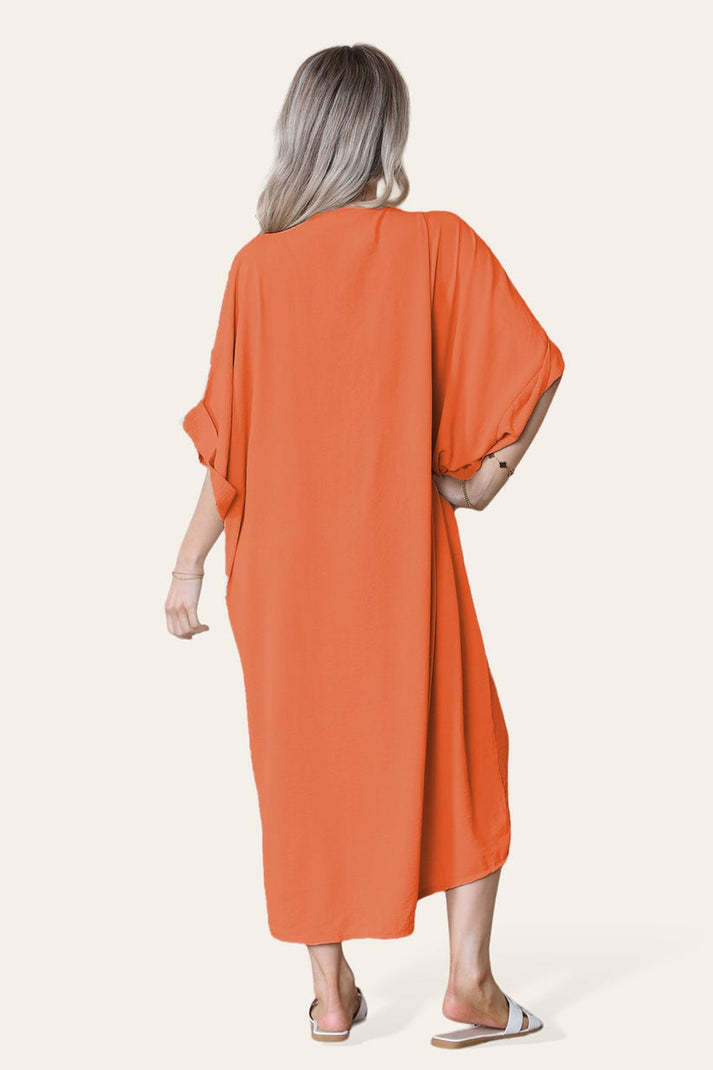 Womens V-Neck Tie Knotted Twisted Front Oversized Longline Midi Dress