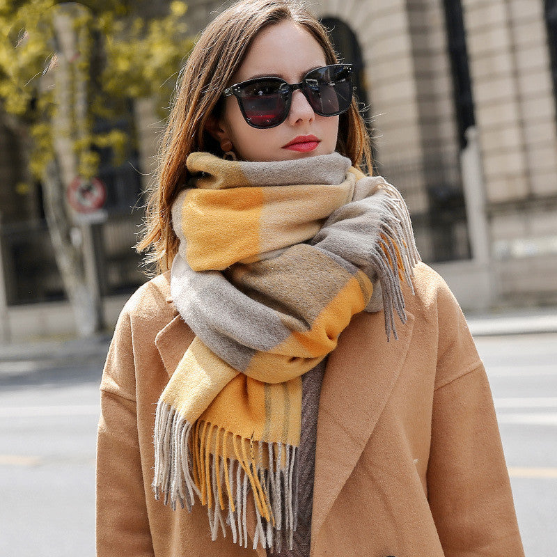 Female Fringed Plaid Wool Scarf British Style Wool Shawl