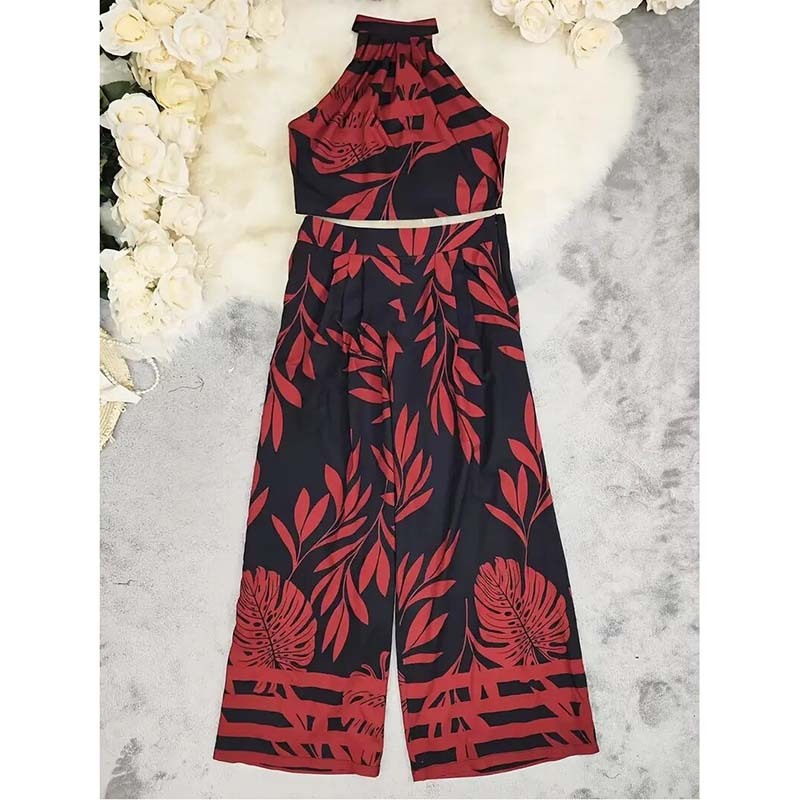 Women's 2 Piece Outfits Plants Graphic Print Crop Halter Top And Wide Leg Pants Set