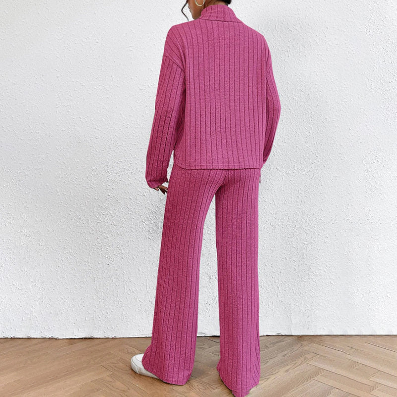 Women's Solid Color 2-Piece Set High Neck Long Sleeve Top & Pants, Striped Loungewear For Fall&Winter