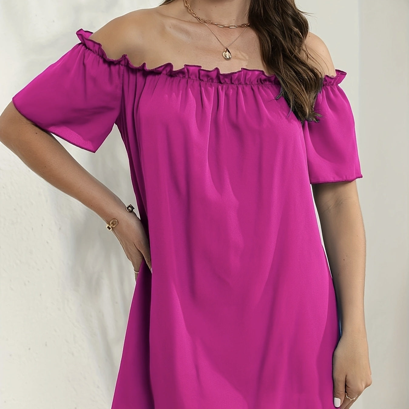 Ladies' Fashion Off Shoulder Ruffle Solid Color Decorative One Shoulder Casual Dress