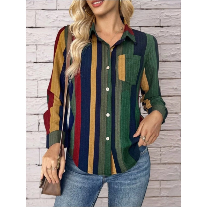 Womens Contrast Color Button Down Collared Shirt Casual Long Sleeve Business Office Work Blouses Tops